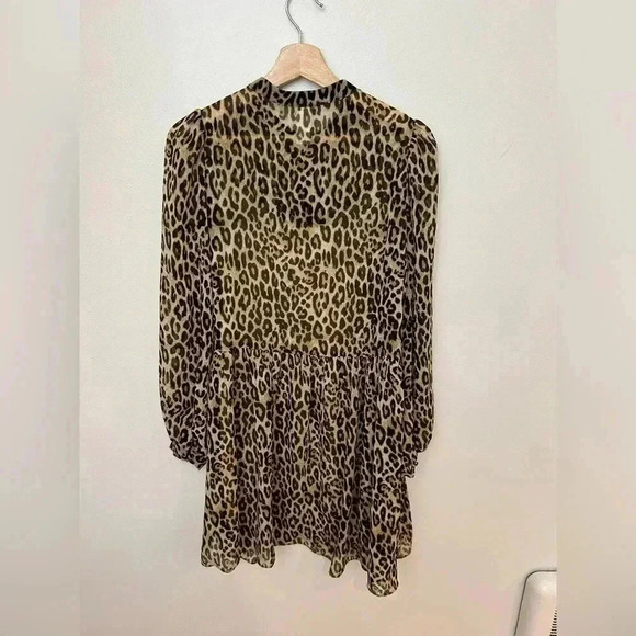H&M Animal Print Sheer Chiffon Ballon sleeve Flowy button Down mini Dress S/M - Picture 9 of 9